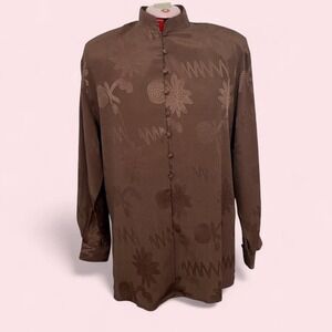 Vintage Tess brown‎ satin jacquard mandarin collar blouse large